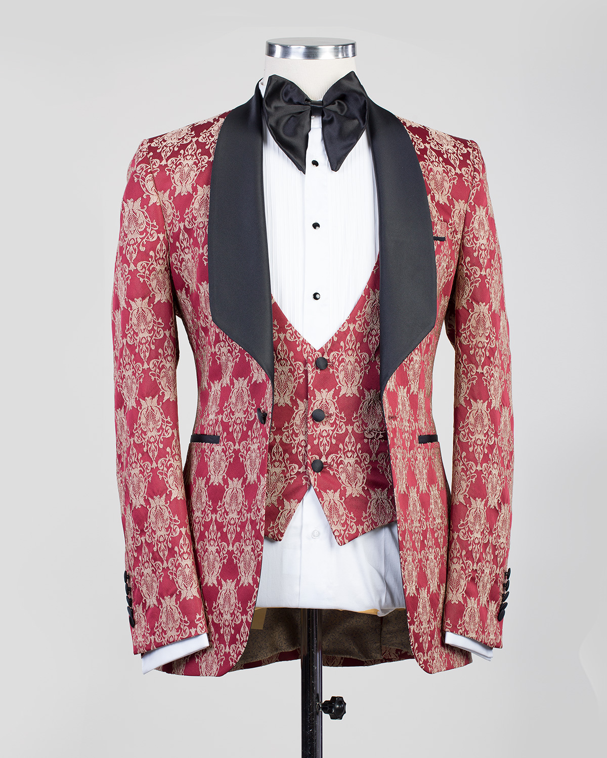 Tuxedo burgundy red patterned suit