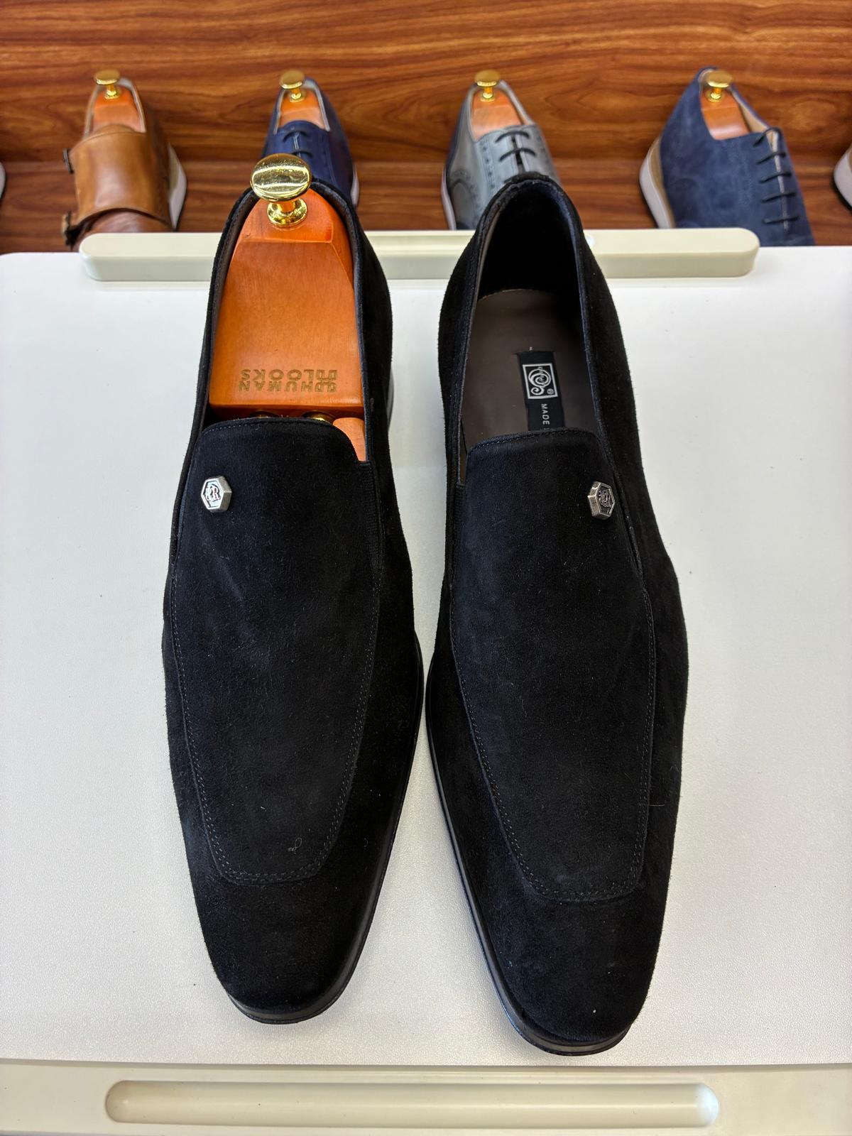Black Suede Apron-Toe Loafer