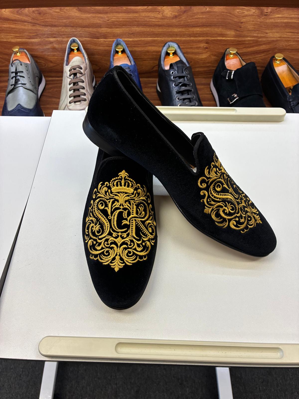 Men’s Black Velvet Royal Embroidered Loafers - Image 6