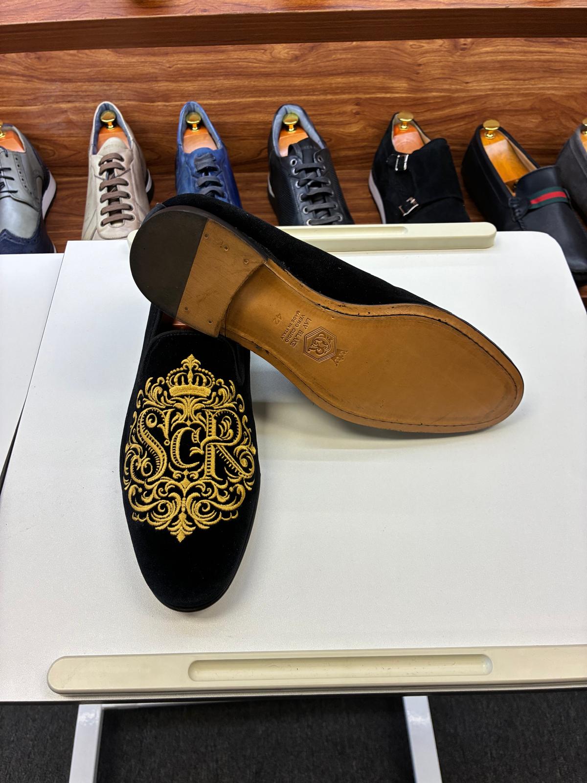 Men’s Black Velvet Royal Embroidered Loafers - Image 5