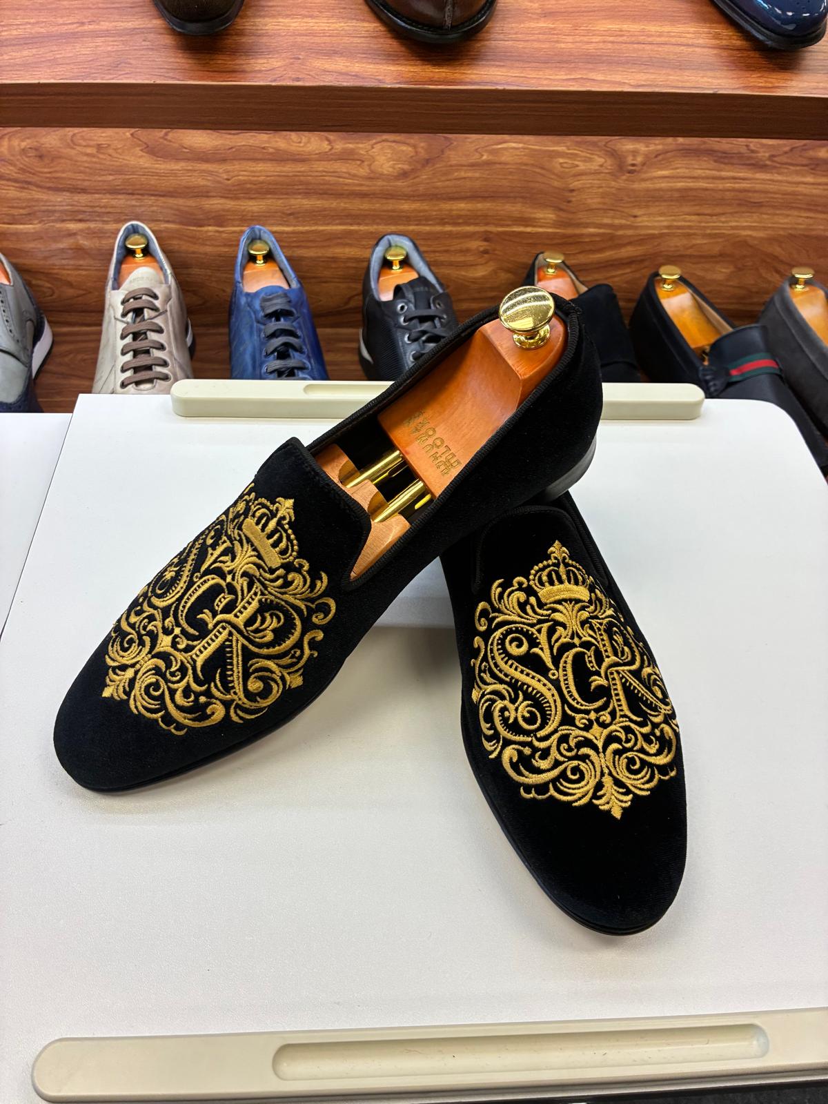 Men’s Black Velvet Royal Embroidered Loafers - Image 4