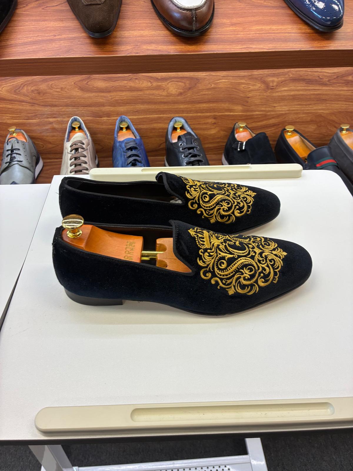 Men’s Black Velvet Royal Embroidered Loafers - Image 3