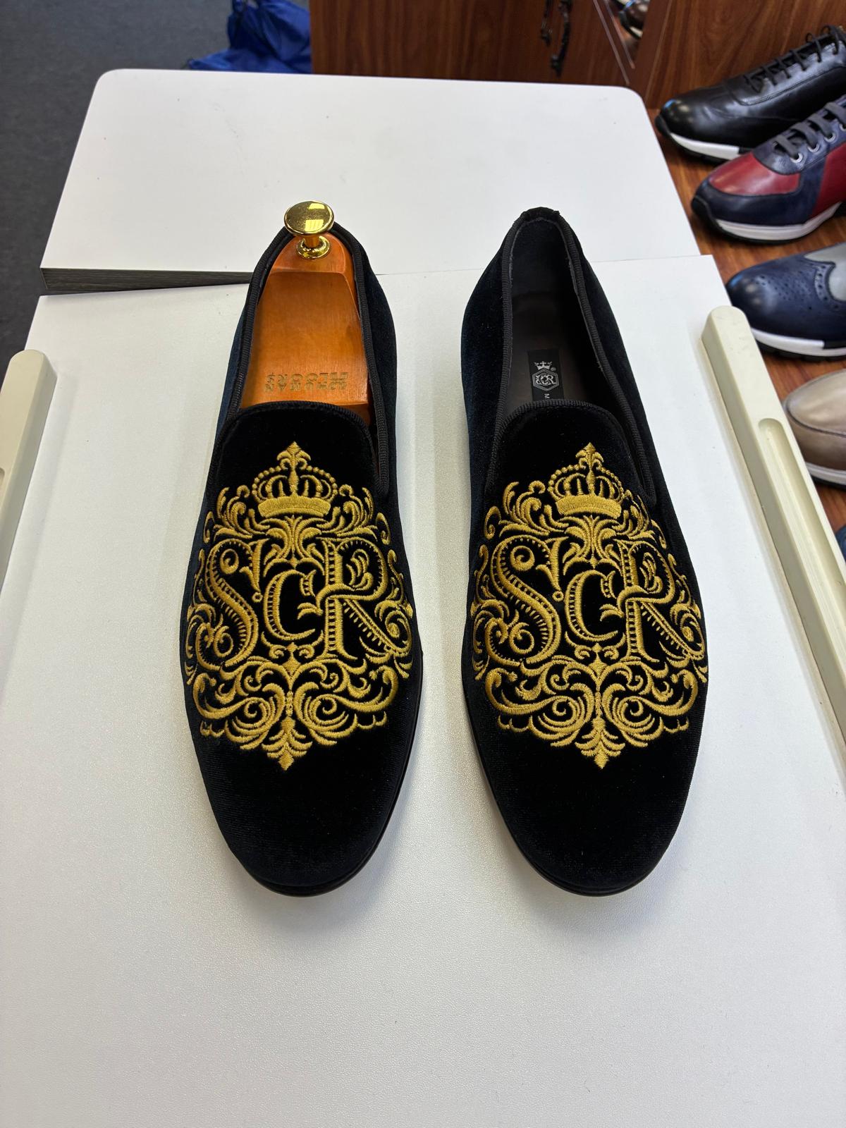 Men’s Black Velvet Royal Embroidered Loafers - Image 2