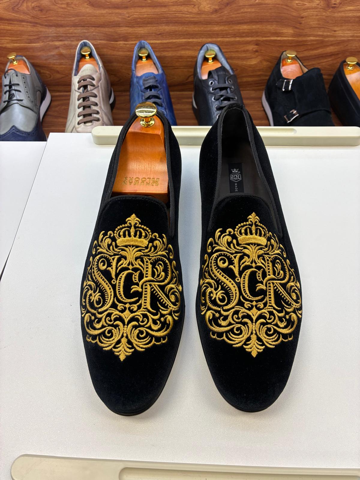 Men’s Black Velvet Royal Embroidered Loafers