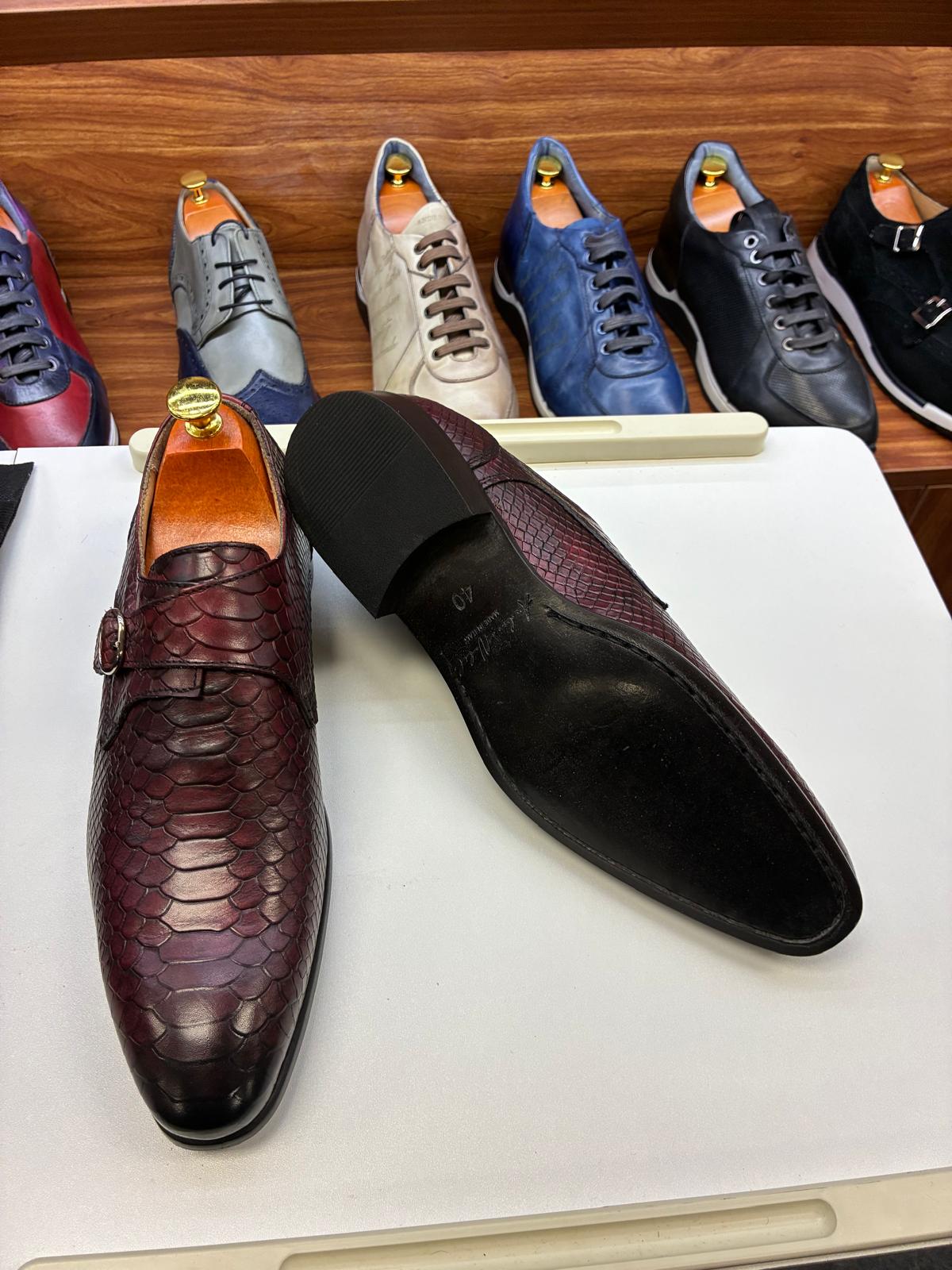 Men’s Burgundy Textured Leather Monk Strap Shoes