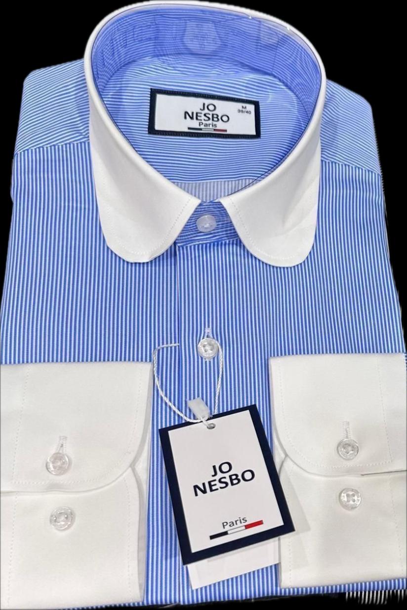 Men’s Blue Pinstripe Contrast Collar Dress Shirt