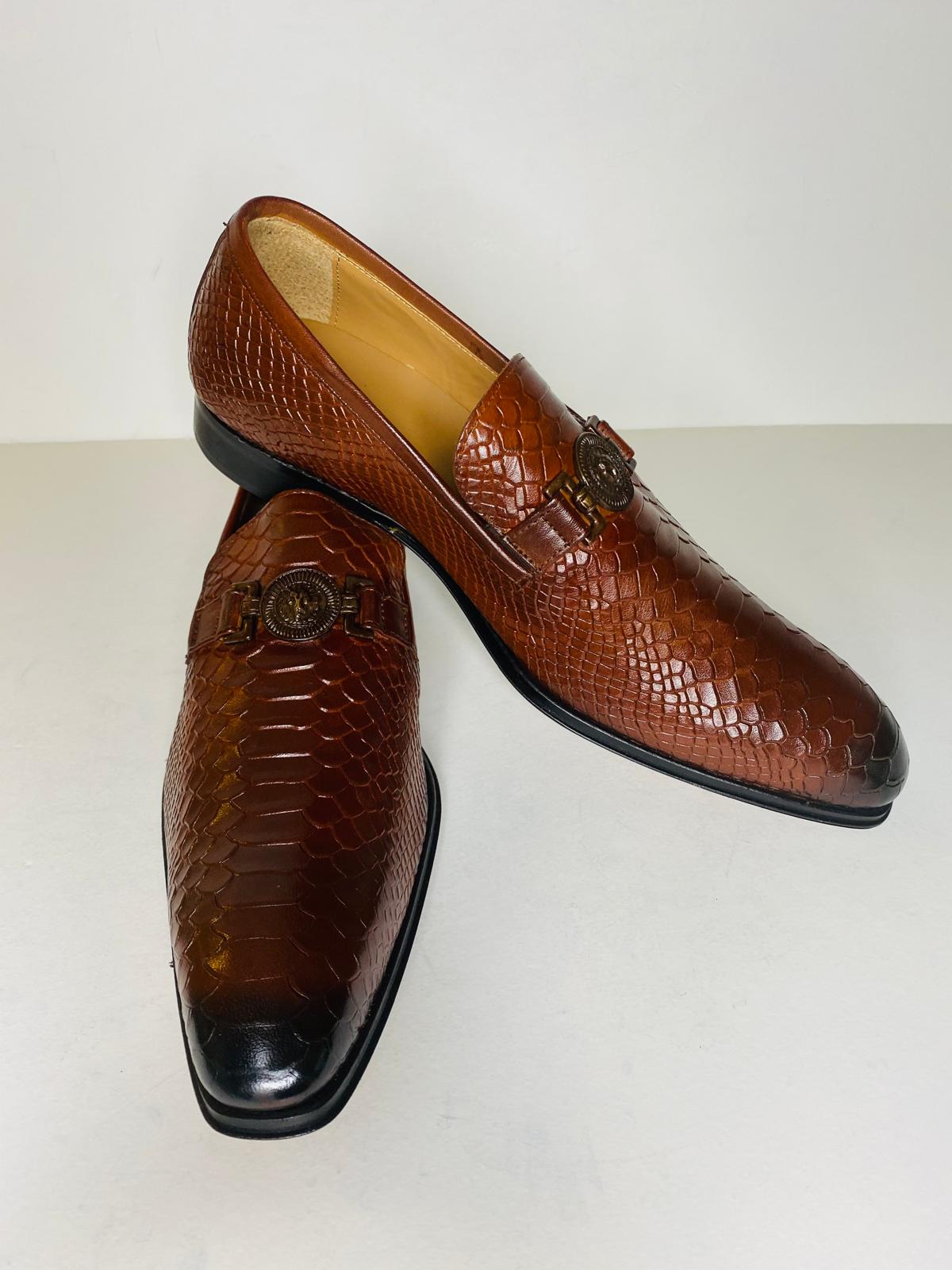 Premium Croc-Embossed Leather Loafers with Medallion Detail – Brown