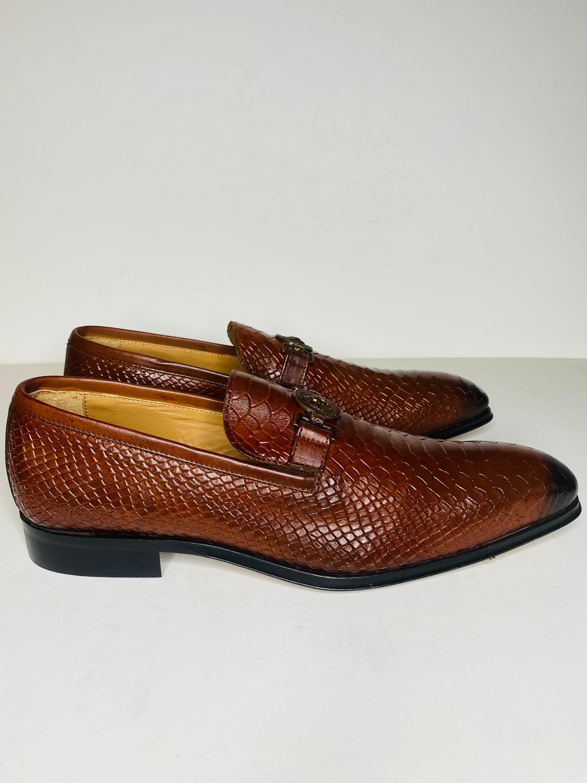 Premium Croc-Embossed Leather Loafers with Medallion Detail – Brown - Image 4
