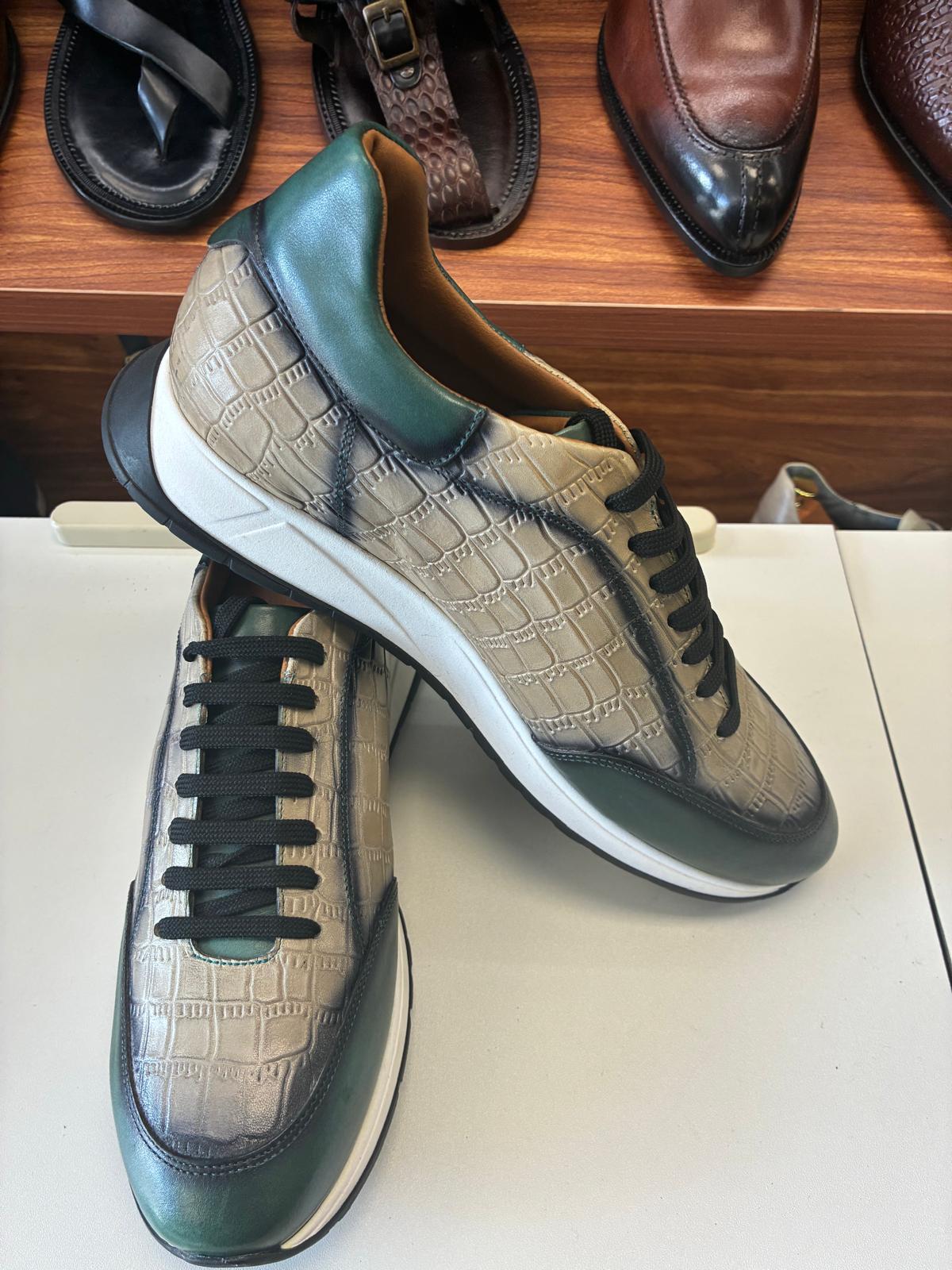 Emerald Luxe Croc-Embossed Leather Sneakers with Metallic Silver Finish - Image 4