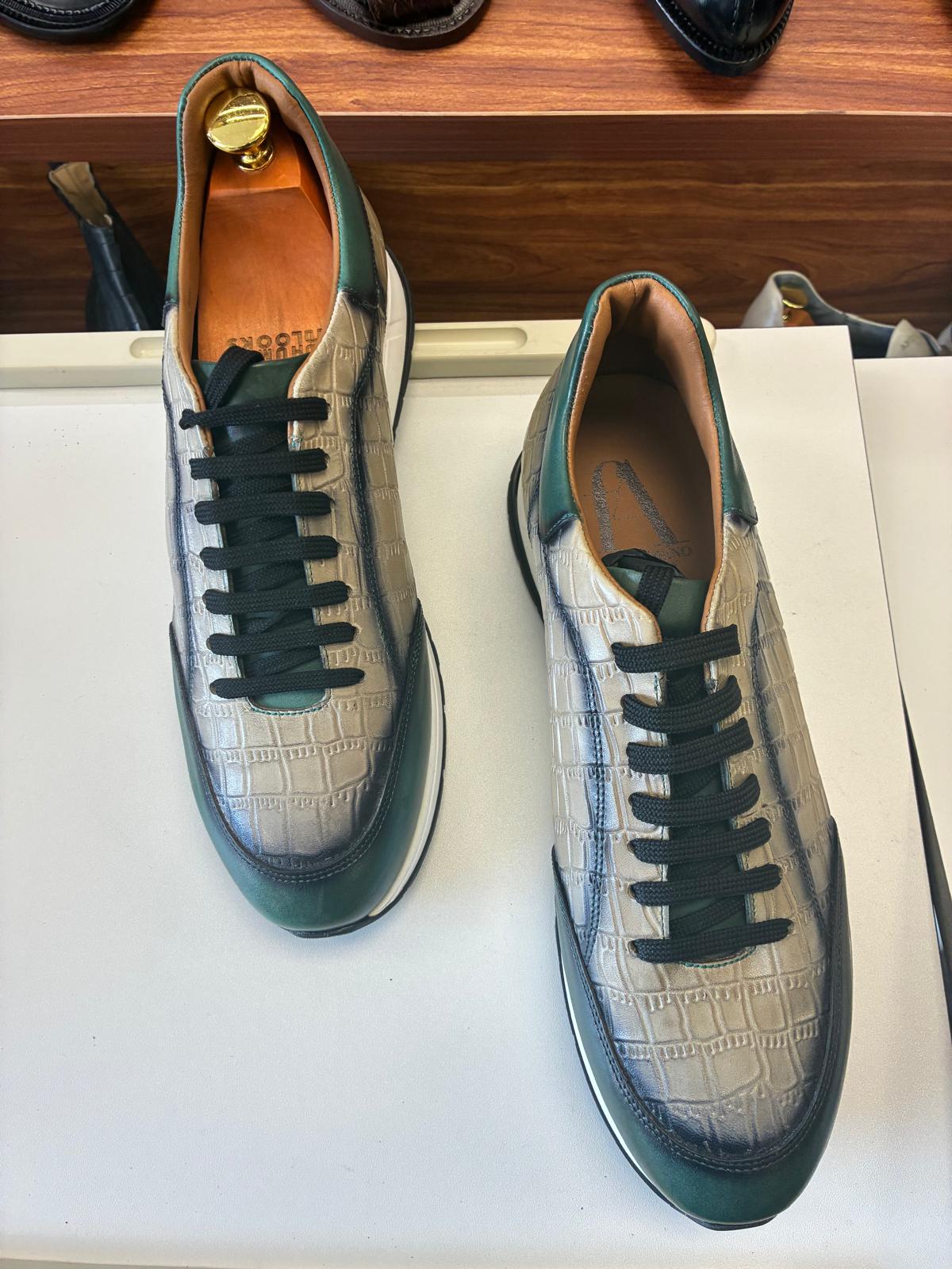 Emerald Luxe Croc-Embossed Leather Sneakers with Metallic Silver Finish - Image 3