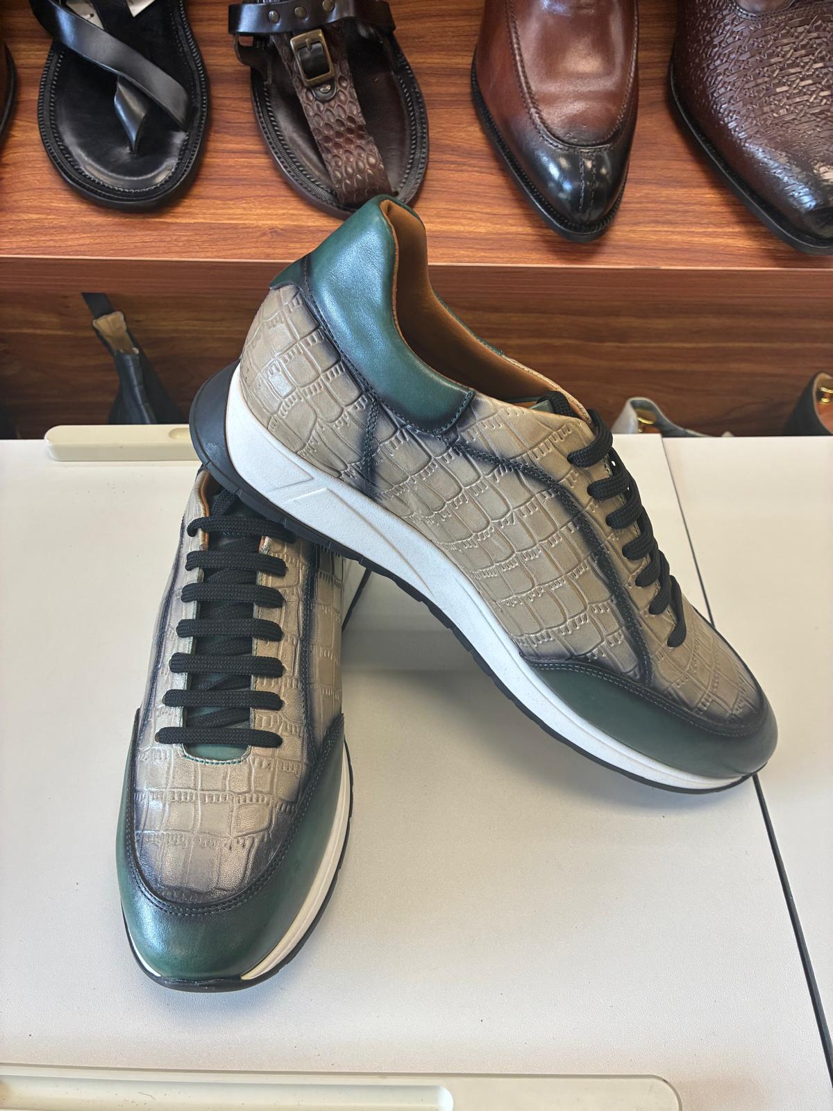 Emerald Luxe Croc-Embossed Leather Sneakers with Metallic Silver Finish - Image 2