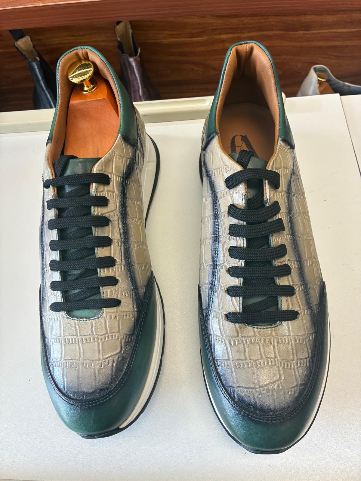 Emerald Luxe Croc-Embossed Leather Sneakers with Metallic Silver Finish