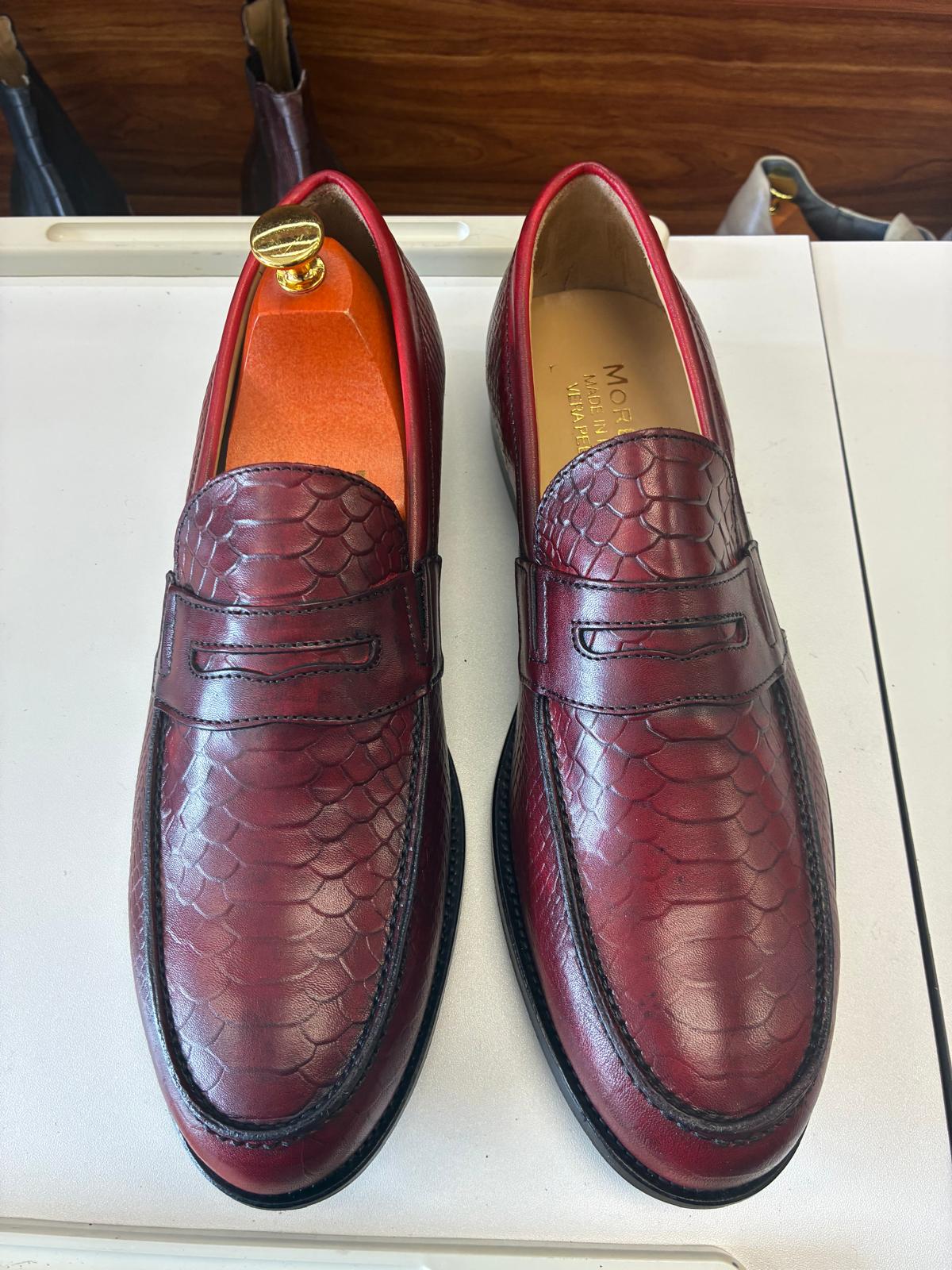 Burgundy Croc-Embossed Leather Penny Loafer