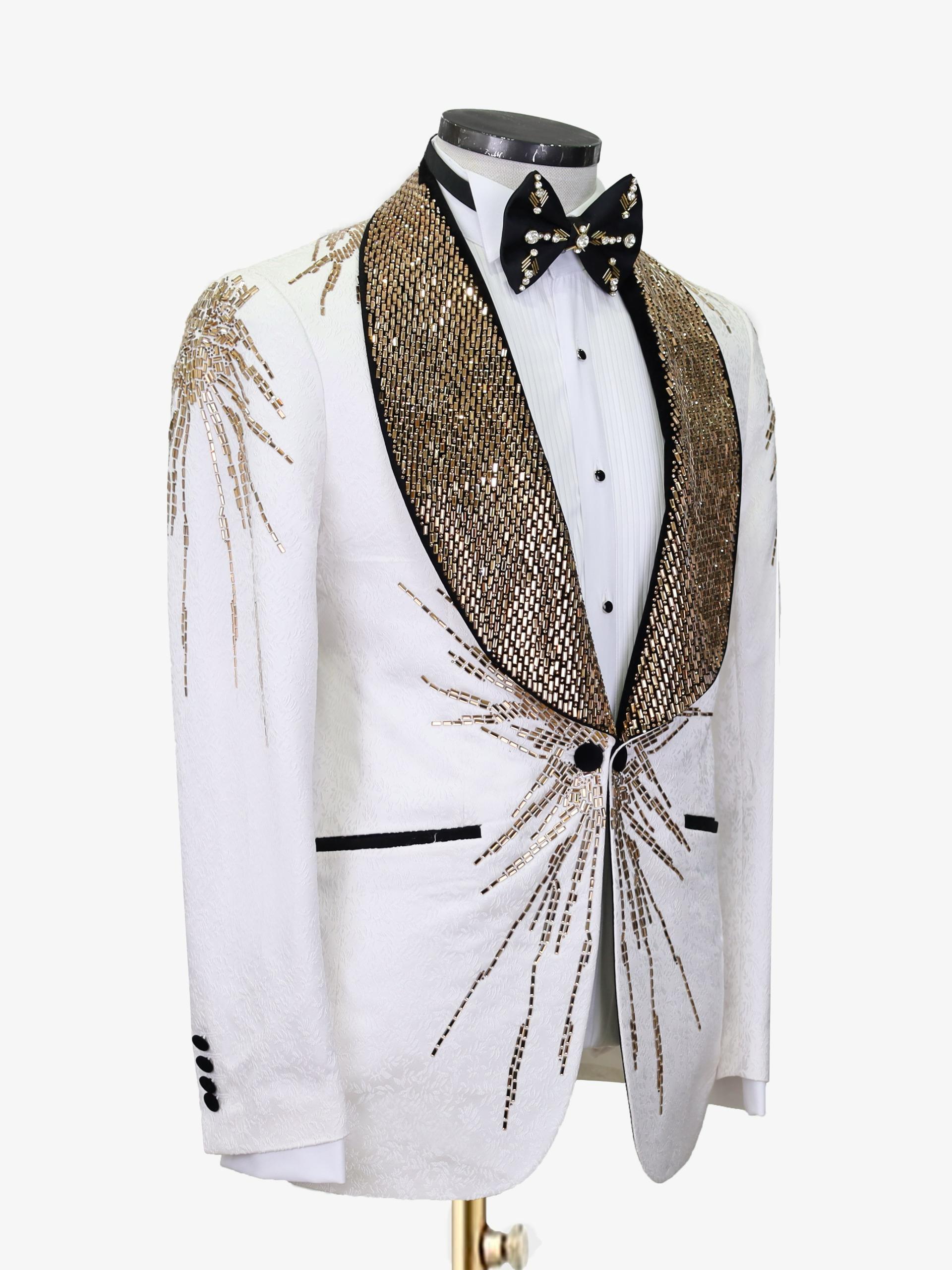 Imperial Radiance Gold-Embellished White Tuxedo Jacket - Image 3