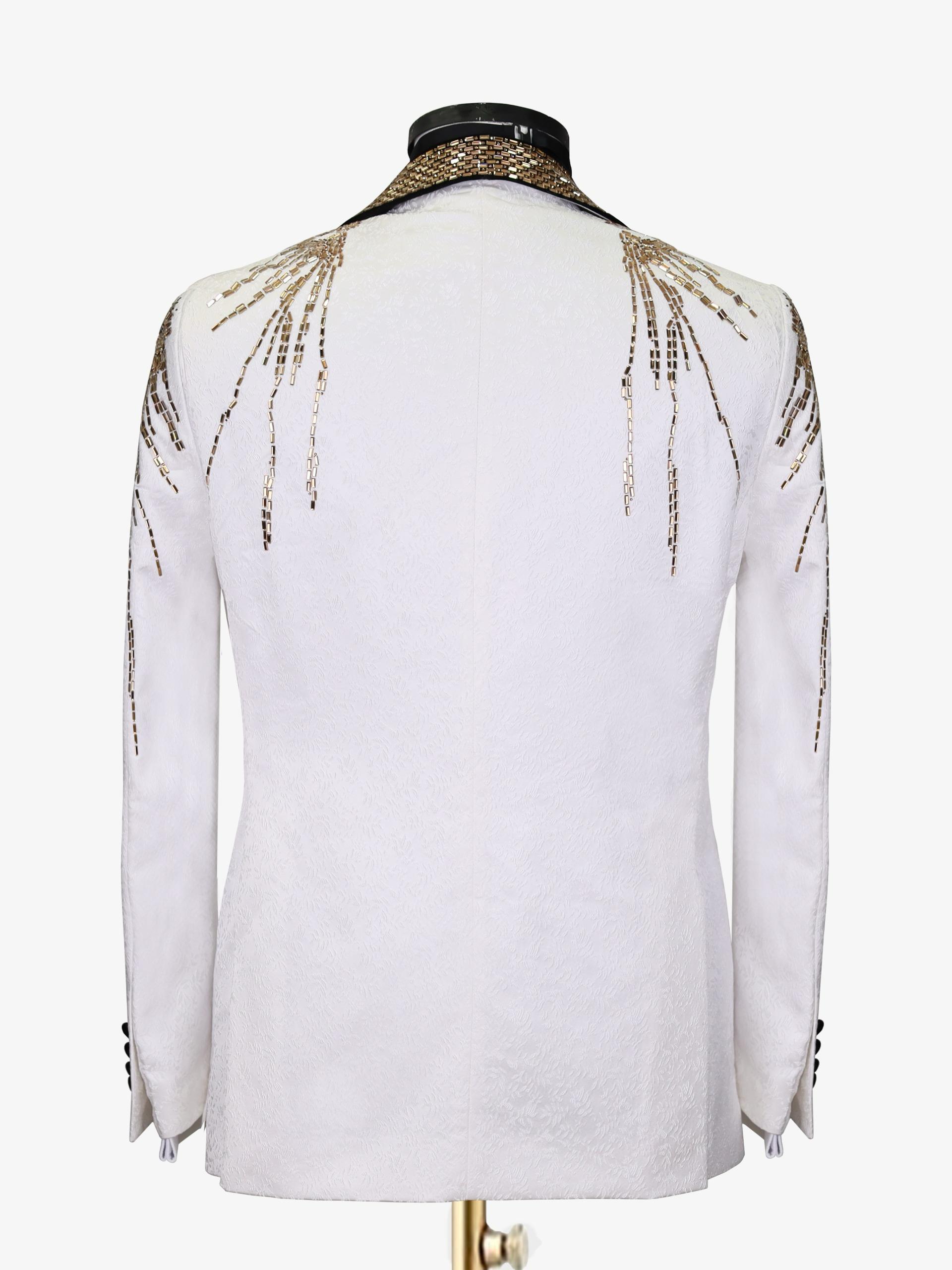 Imperial Radiance Gold-Embellished White Tuxedo Jacket - Image 2