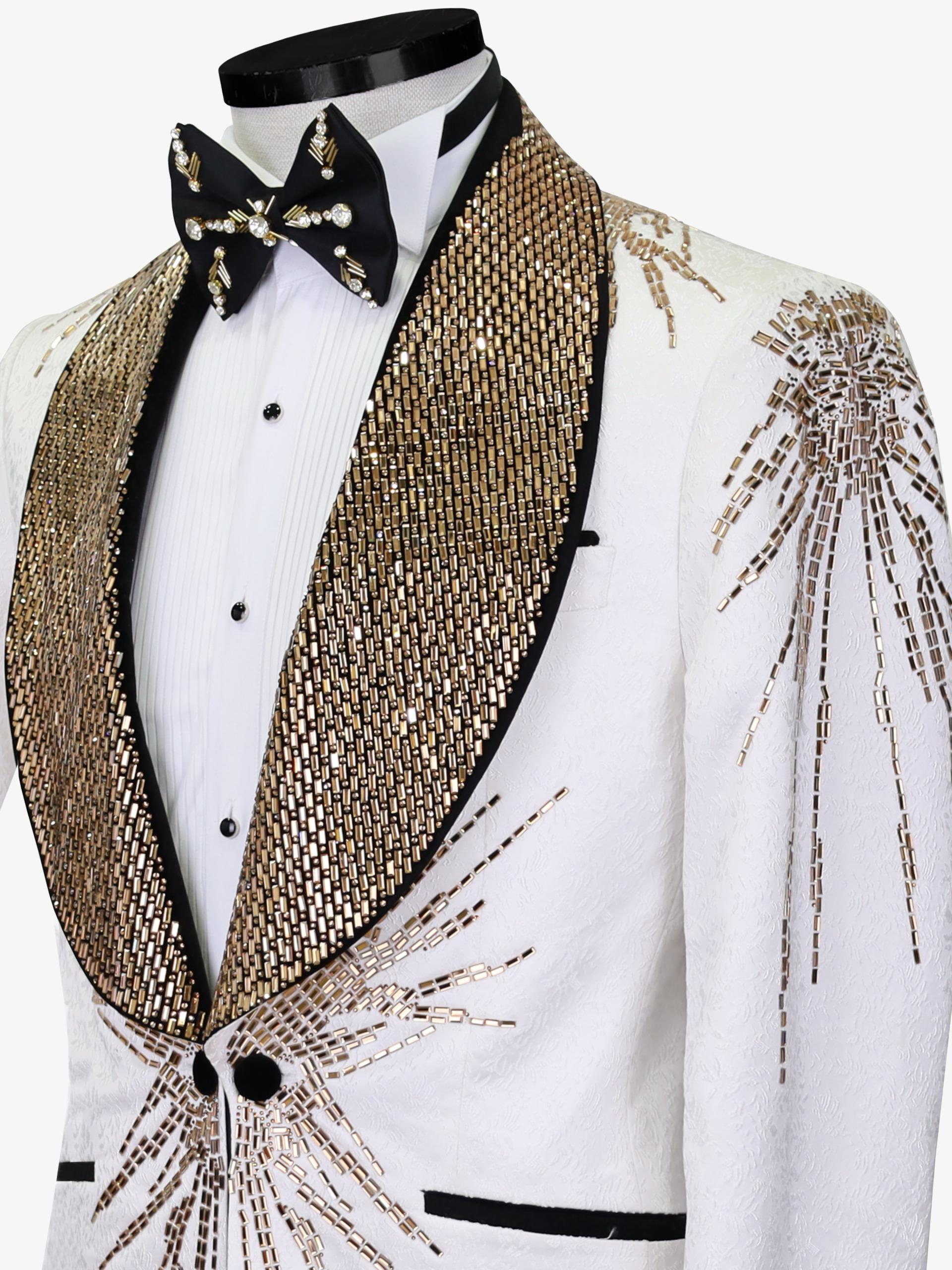 Imperial Radiance Gold-Embellished White Tuxedo Jacket - Image 4